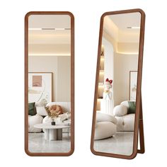 two mirrors that are next to each other in front of a white couch and coffee table