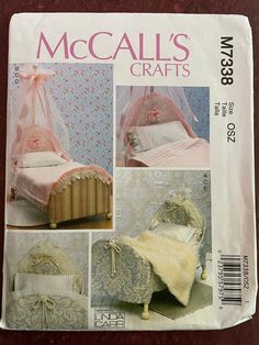 an image of a sewing pattern for a doll bed with canopy and pillows on it