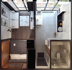 the interior of a tiny home with lots of windows