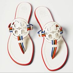 New With Tags Designer White Sandals With Cushioned Footbed, Designer Multicolor Flat Sandals, White Sandals With Branded Heel Counter, White Flat Heel Sandals With Branded Heel Counter, Rainbow Band, Tory Burch Sandals, Chic Leather, Leather Flip Flops, Flip Flop Shoes