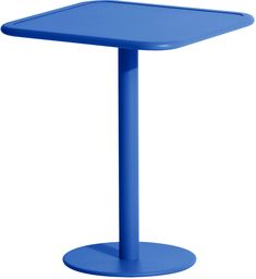 a blue table with a round base on the bottom and one leg in the shape of a square