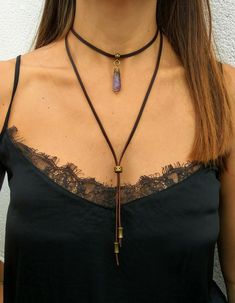 Amethyst Healing Properties, Leather Choker Necklace, Gem Jewelry, Gemstone Choker, Amethyst Healing, Stone Choker, Boho Choker, Leather Chokers, Spiritual Awareness