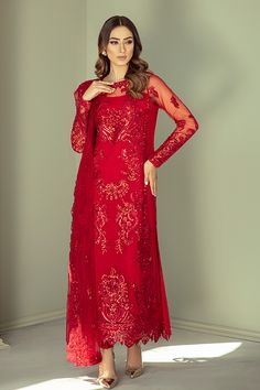 Pakistani Party Dress in Embroidered Kameez Trouser and Red Dupatta Style in Premium Net is a perfectly stitched masterpiece adorned with lavish designs and fine details of beaming embellishments. Jamawar trousers and net dupatta look stunning with the red net kameez. Detailed Description: SKU: PS1805 Detailing: Embroidery, Threads, Sequins, Motifs Color: Red Fabric: Organza, Net, Jamawar Design: Fully Embroidered dress Event: Festive, Party wear Red Colour Dress, Dupatta Style, Trouser Suit, Chiffon Collection, Red Chiffon, Pure Chiffon, Embroidered Organza, Pakistani Dress Design, Fabric Stores Online