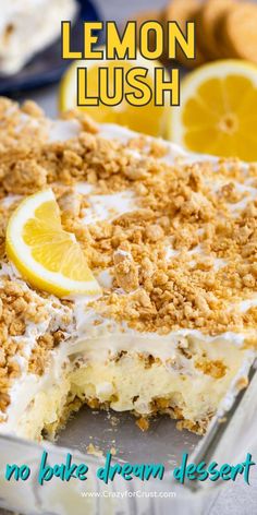 lemon lush no bake ice cream dessert with crumbs on the top and bottom