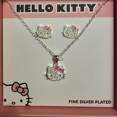 Absolutely Stunning Pair Of Hello Kitty Earrings And Matching Necklace. Full Of Bling And Sparkle! Brand-New In Gift Box Ready For A Hello Kitty Fan! Such A Beautiful Set! Hello Kitty Sterling Silver Necklace, Cute Silver Hello Kitty Necklace, Cute Silver Jewelry Perfect As A Gift, Cute Hello Kitty Silver Necklace, Hello Kitty Sterling Silver Jewelry Gift, Pink Hello Kitty Sterling Silver Jewelry, White Sterling Silver Hello Kitty Jewelry, Hello Kitty Jewelry Earrings, Hello Kitty Stud Earrings