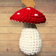 a crocheted mushroom is hanging on the wall