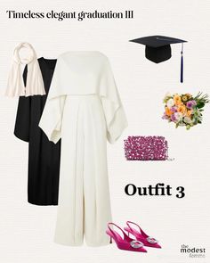 Graduation fitspo Hijabi Dresses Graduation, Vest Outfits Graduation, Graduation Jumpsuit Hijab, White Graduation Dress Hijabi, Muslim Graduation Dress University, Graduation Clothes University, Graduation Dress College Hijab, Hijab Graduation Outfit Ideas, Simple Hijab Dress For Graduation Party