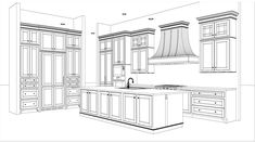 a line drawing of a kitchen with an island and range hood in the center, surrounded by cabinets