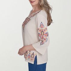 Infuse your style with bohemian vibes in this charming shirt, featuring a medallion-patterned top. Designed with three-quarter bell sleeves and a split neck, it exudes casual elegance. Light embellishments throughout add a touch of whimsy and flair. Crafted from a blend of premium materials, this piece offers comfort and durability for all-day wear.Features: EmbroideredClosure Type: Pullover HeadFit: Regular FitNeckline: Split Crew NeckSleeve Length: 3/4 SleeveApparel Length: 24.5 InchesFiber C… Bohemian Tops With 3/4 Sleeve And Floral Embroidery, Bohemian Relaxed Fit Half Sleeve Tops, Bohemian Half Sleeve Tops With Relaxed Fit, Bohemian Half Sleeve Tops Relaxed Fit, Bohemian Top With Floral Embroidery And Half Sleeves, Bohemian Beige Tops With Floral Embroidery, Casual Beige Tops With Boho Print, Casual Beige Boho Print Top, Bohemian Vibes