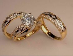 two gold wedding rings with diamonds on top and the words free fedex shipping above them