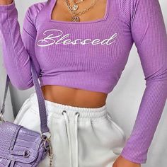 Purple Blessed Long Sleeve New With Tags Size Medium Spring Chic Top With Letter Print, Chic Spring Top With Letter Print, Chic Spring Tops With Letter Print, Fashion Nova Shirts, Halter Tie Top, Wrap Crop Tops, Fashion Nova Tops, Small Crop Tops, Wear Green