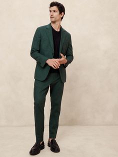 Tailored-Fit Linen-Blend Trouser | Banana Republic Factory Mens Work Suits, Mens Wedding Attire Fall, Mens Formal Wedding Attire, Mens Fall Cocktail Attire, Casual Cocktail Attire Men, Mens Cocktail Attire Wedding Guest, Mens Wedding Attire Guest, Dark Green Suit Men, Green Linen Suit