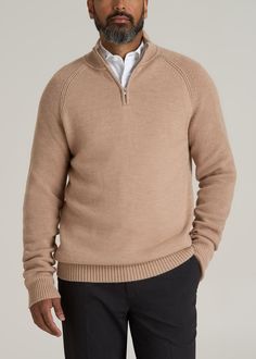 Meet the Chunky Merino 1/4 Zip Tall Men's Sweater Embrace the cooler seasons in style with the Chunky Merino 1/4 Zip Sweater for Tall Men. This sweater offers the perfect blend of casual and dress style, making it versatile for both office wear and weekend outings. Crafted from premium merino wool, our 1/4 zip tall men's merino wool sweater provides ample warmth while the ribbed details add a touch of classic charm.• Partial zip for easy on-and-off• Ribbed cuffs, hem, and collar for added charac Beige Half-zip Sweater, Beige Half-zip Winter Sweater, Winter Beige Half-zip Sweater, Beige Half-zip Sweater For Winter, Casual Oatmeal Sweater For Winter, Scrubs Dress, Cozy Sleepwear, 1/4 Zip Sweater, Tall Men