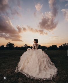 a woman in a wedding dress sitting on the grass with her back to the camera