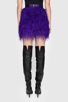 This mini skirt will be the life of every party. It’s embellished with countless fluffy purple feathers so you can turn heads at every angle. Style #: H21POL6000 Feathers Mini skirt Dry clean only Imported Feather Mini Skirt, Purple Feathers, Purple Feather, Rebecca Minkoff, Short Pants, Over Knee Boot, Feathers, Mini Skirt, Mini Skirts