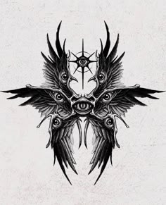 an artistic tattoo design with wings and eye