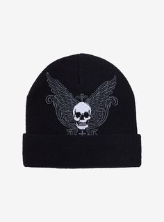 Add some Y2K biker flare to your beanie game with this black style printed with ornate wings and filigree and embroidered with a skull. Gothic Black Hat For Fall, Alternative Winter Hats For Streetwear, Alternative Winter Streetwear Hat, Black Alternative Style Hats For Streetwear, Casual Skull Print Hats For Streetwear, Black Skull Print Hat, Black Skull Print Hat For Streetwear, Casual Black Hat With Skull Print, Black Halloween Hat With Skull Print