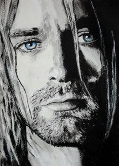 a painting of a man with long hair and blue eyes is shown in black and white