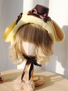 This price is for a hat, others are not included.  The bow and mini hat are detachable. Cute Adjustable Hat With Bow, Cute Yellow Winter Hat, Winter Party Hats With Bow, Cute Winter Hat With Short Brim, Adjustable Cat Ears Hats, Cute Adjustable Brown Hats, Adjustable Beanie With Ears, Cute Brown Brimmed Hat, Cute Yellow Adjustable Hat