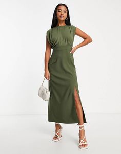 ASOS DESIGN Petite blouson sleeveless midi dress with pocket and split detail in khaki | ASOS Dress For Petite Women, Petite Dress, Asos Petite, Khaki Fashion, Sleeveless Midi Dress, Maxi Dress Trend, Midi Dress Sleeveless, Prom Party Dresses, Side Split