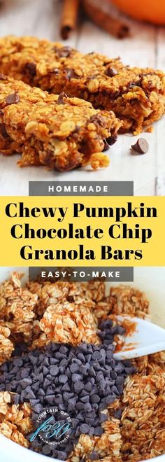 homemade chewy pumpkin chocolate chip granola bars in a bowl with text overlay