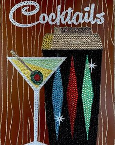 a painting of a cocktail glass with garnishes on it and the words cocktails written in white