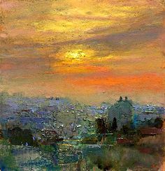 an oil painting of a cityscape at sunset