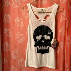 Black And White Skull, Tank Top Size Large On The Back The Skull Is Cut Out White Grunge Tops With Skull Print, Skull Shirts For Women Tank Tops, Casual Black Skull Print Tank Top, Skull Tank Top, Skull Art T-shirts & Tank Tops, Summer Swag, Skull Clothing, Muscle Tees, White Tank