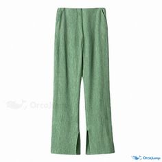 Orcajump - Classic Green Bootcut Pants with Raised Waistline, Side Slits, and Vintage-Inspired Ruched Detailing Casual Pants With Side Slits, Spring Pants With Side Slits And Split Design, Stretch Pants With Side Slits And Split Hem, Casual Stretch Pants With Split Design, Stretch Split-leg Pants With Side Slits, Chic Solid Bottoms With Split Hem, Spring Ankle-length Bottoms With Side Slits, Casual Split Pants For Spring, Green Split Bottoms For Spring