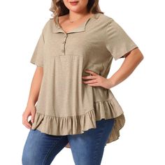 Agnes Orinda is a plus-size brand inspired by the needs of its customers. It can suit you on various occasions, and show your perfect curves through appropriate tailoring, and the comfortable fabric allows you to enjoy a pleasant experience. This top is loose and flowing, with buttons, a ruffled hem, short sleeves, and a solid color. It is a very versatile top that can be worn with jeans and skirts. This top is very lightweight and minimalist, soft and comfortable, easy to put on and take off, a Plus Size Fashions, Ruffle Fabric, Perfect Curves, Plus Size Brands, Linen Casual, Plus Size Shorts, Hem Style, Slim Fit Shorts, Casual T Shirts