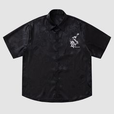 Features: Unisex Detailed craftsmanship Dragon jacquard Letter embroidered Button-front closure Soft and breathable Heavy-weight Material: 100% cotton Black Button-up Shirt With Floral Embroidery, Black Floral Embroidery Button-up Shirt, Embroidered Black Collared Shirt, Black Embroidered Collared Shirt, Black Collared Shirt With Floral Embroidery, Black Embroidered Button-up Shirt, Black Embroidered Cotton Shirt, Casual Black Shirt With Floral Embroidery, Black Embroidered Short Sleeve Shirt