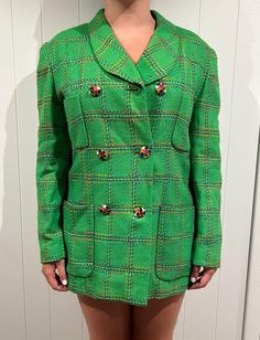 Vintage colorful double-breasted blazer. Plaid with super fun buttons. Perfect for a fall or winter event! Multicolor Long Sleeve Office Blazer, Fall Multicolor Single-breasted Blazer, Multicolor Fall Outerwear For Office, Multicolor Formal Outerwear For Fall, Trendy Green Button-up Blazer, Long Sleeve Blazer With Covered Buttons For Fall, Multicolor Blazer For Formal Fall Occasions, Green Button-up Outerwear With Double Button Closure, Retro Multicolor Blazer For Fall