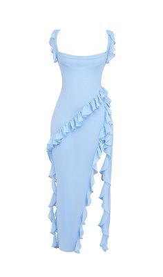 Our SOFT BLUE RUFFLE MAXI DRESS is beautifully embellished with fluttery ruffles that add pretty dimension to this ultra sexy silhouette. Cut from lightweight georgette. the dress is elegant and striking in a soft blue hue.It has a draped cowl neckline and effortlessly skims over your curves with a thigh high split to showcase the legs in a floaty finish. It's fully lined for comfort and zips up the left side for easy on.WHERE TO WEAR:Romantic date nights. stylish dinner dates. champagne bars. w Champagne Bars, Dinner Dates, Ruffle Maxi Dress, Ropa Diy, Cowl Neckline, House Of Cb, Ruffled Maxi Dress, Stretch Dress, Silhouette Cut