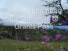 a field with purple flowers in the foreground and a quote about sitting right near the city limits of grant pass