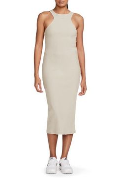 Sporty and supercomfy, this body-skimming midi dress flaunts sculptural cutaway shoulders and ribbed jersey that's soft, stretchy and opaque. 46" length (size Medium) Crewneck Sleeveless, with cutaway shoulders Racerback Unlined 33% rayon, 32% acrylic, 31% cotton, 4% spandex Machine wash, tumble dry Imported Fitted Ribbed Longline Midi Dress, Summer Ribbed Midi Dress, Spring Midi-length Ribbed Bodycon Dress, Spring Ribbed Midi Dress, Ribbed Knee-length Bodycon Dress For Spring, Spring Knee-length Ribbed Bodycon Dress, Ribbed Knee-length Midi Dress, Spring Ribbed Knee-length Bodycon Dress, Solid Stretch Ribbed Midi Dress