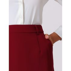 This women's pencil skirt is a stylish and versatile piece of clothing available, designed to flatter every woman's figure with its high waist and sleek silhouette. Crafted with great attention to detail, this skirt is made from a better fabric blend, consisting of a combination of polyester and spandex. The added stretch in the fabric ensures a comfortable fit while still maintaining its shape. The skirt sits comfortably at the natural waistline, accentuating the waist. Elegant Short Length Solid Color Bottoms, Chic Red Pencil Skirt For Work, Chic Red Pencil Skirt For Office, Elegant Short Skirt In Solid Color, Chic Red Pencil Skirt For The Office, Elegant Short Solid Color Skirt, High-waist Solid Mini Skirt For Work, High Waist Solid Color Mini Skirt For Work, Red Midi Pencil Skirt For Work