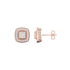 A refined look for any day of the week, these dainty diamond stud earrings make each day special. Crafted in 10K rose gold, each earring features a cluster of shimmering round diamonds, set in a cushion shape frame. A cushion shape halo frame of shimmering round diamonds, bordered with miligrain detailing wraps the center. Radiant with 1/2 ct. t.w. of diamonds and a bright polished shine, these post earrings secure comfortably with friction backs. Size: One Size.  Color: Pink.  Gender: female. Classic Rose Gold Diamond Cluster Earrings, Classic Rose Gold Earrings With Diamond Accents, Formal Rose Gold Cluster Earrings With Halo Design, Anniversary Rose Gold Diamond Earrings With Pave Setting, Classic Rose Gold Cluster Earrings With Cubic Zirconia, Rose Gold Diamond Halo Earrings, Classic Rose Gold Cluster Earrings For Anniversary, Rose Gold Halo Diamond Earrings, Rose Gold Pave Setting Earrings For Anniversary