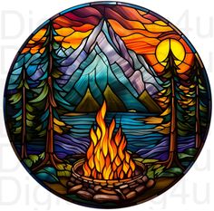 a stained glass window with a campfire in the woods and mountains on it's side