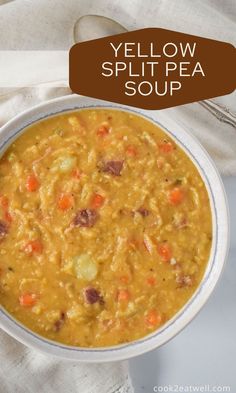 yellow split pea soup in a white bowl