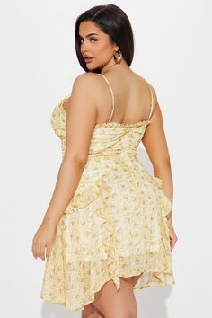 Available In Yellow. Chiffon Mini Dress Adjustable Spaghetti Straps Sweet Heart Neckline Ruched Ruffles Back Zipper Closure Lined Non Stretch Dress Length = 33" Disclaimer: Print Placement May Vary 100% Polyester Imported | Jasmine Chiffon Mini Dress in Yellow size Large by Fashion Nova Chiffon Mini Dress With Spaghetti Straps For Brunch, Summer Chiffon Mini Dress With Ruffled Straps, Chiffon Mini Dress With Ruffled Straps For Summer, Summer Chiffon Dress With Ruffled Straps, Chiffon Sundress For Brunch, Fitted Chiffon Sundress With Ruffles, Flowy Chiffon Mini Dress With Spaghetti Straps, Flowy Chiffon Sundress For Brunch, Feminine Sleeveless Chiffon Dress For Vacation