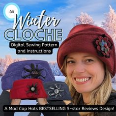 a woman is holding up three hats in front of her face and the words, winter cloche digital sewing pattern and instructions