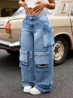 Cute Denim On Denim Outfits, Cute Wide Leg Jean Outfits, Fancy Pants Outfit, Casual Chic Outfits, Workwear Jeans, Shein Icon, Classy Casual Outfits, Casual Chic Outfit