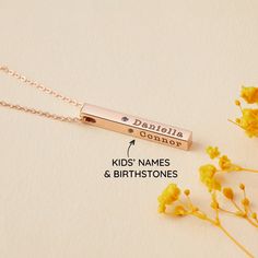 "This beautiful grandma necklace is engraved with your children's names on each charm. It's a perfect gift for your loved one with up to 4 personalized sides. PRODUCT INFO * Material: Solid 925 Sterling Silver * Finishing: Silver - Yellow Gold - Rose Gold * Measurements: Pendant measures approx. 4mm x 4mm x 32mm * Necklace length: Up to 24 inches (excluding pendant's length) * By default, silver items comes with BLACK engraving and gold-plated item comes with CLEAR engraving HOW TO ORDER * Selec Necklace With Kids Names, Grandma Necklace, Mother Necklace, Necklace Mom, Silver Items, Family Necklace, Personalized Mother's Day Gifts, Kids Names, Mothers Necklace