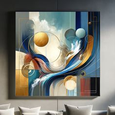 an abstract painting hangs on the wall above a couch