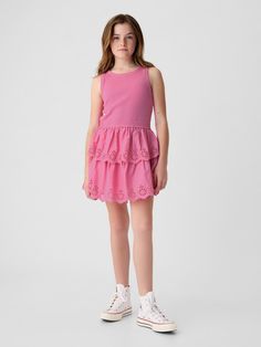 Soft cotton dress.  Crewneck.  Sleeveless.  Tiered skirt with eyelet details.  Scallop hem.  Fit and flare silhouette.  Hits at the knee. Soft Cotton Dress, Preppy Kids, Preppy Fits, Indie Dresses, Preppy Dresses, Beach Attire, Kids Beach, Scallop Hem, Beach Wear Dresses