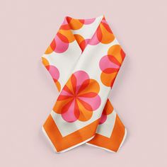 "My Pinwheel print colorful silk scarf, Inspired by 1960s retro mod style. Comes in a natural kraft board gift box- ready for giving, a great gift for your best friend, or special lady occasion. My inspiration for this print? 60s mod London and Twiggy dresses. Finished with a rolled baby hem. The print is permanent and will never fade with use or washing. Printed on your choice of lightweight 100% Silk Habotai, or for extra yumminess Silk Charmeuse. Available in 4 sizes * 16\" x 16\" (bandana si Womens 80s Costume, 60s Scarf, Paper Dress Patterns, Flower Workshop, Retro Scarf, Twiggy Dress, 1960s Patterns, Yellow Flower Print, Orange Retro