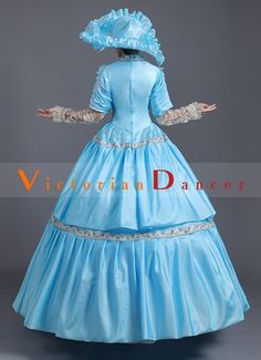 Light Blue Baroque Rococo Southern Belle Dress Renaissance Revolutionary Ball Gown Theater Costume     Condition: Brand New   Color: amp;nbsp; As Picture   Material: Satins And Lace   Silhouette: Ball Gown   Sleeve Length: Long Sleeve   Dresses Length:Floor-Length   Neckline: O-Neck   Decoration: Lace   Style: Vintage     Includes: Dress + Hat     More Detail: About 45 inches (114 cm) long from waist to hem regardless of size. This dress is pictured with a 4-hoop skirt underneath to achieve the Blue Vintage Victorian Dress With Baroque Style, Blue Vintage Victorian Dress In Baroque Style, Blue Baroque Victorian Dress, Blue Baroque Vintage Dress, Blue Vintage Baroque Dress, Vintage Blue Baroque Dress, Blue Baroque Victorian Dress For Costume Party, Blue Victorian Dress For Costume Events, Blue Regency Style Victorian Costume Dress