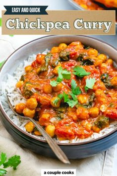 chickpea curry in a bowl with rice and cilantro on the side