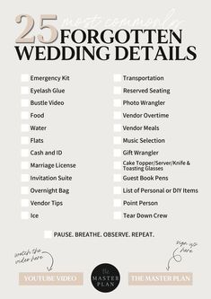 the 25 forgotten wedding details list is shown in black and white, with an image of two