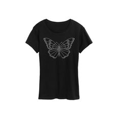 She will love showing off her style in this Women's Rhinestone Butterfly Graphic Tee. FEATURES Short sleeves CrewneckFABRIC & CARE Solid Colors: Cotton ; Heather Colors: Cotton/Polyester Machine wash Imported Size: Small. Color: Black. Gender: female. Age Group: kids. Butterfly Print Short Sleeve Graphic Tee, Butterfly Graphic Tee, Cheap Butterfly Print Graphic T-shirt, Glitter Butterfly, Multicolor Short Sleeve T-shirt With Butterfly Print, Cheap Cotton T-shirt With Butterfly Print, Black Cotton T-shirt With Butterfly Print, Butterfly Graphic, Dream Outfits